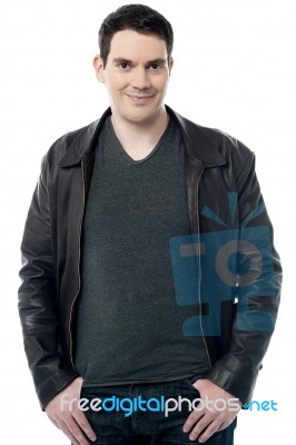 Relaxed Man With Leather Jacket Stock Photo