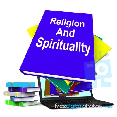 Religion And Spirituality Book Laptop Stack Shows Religious Spir… Stock Image