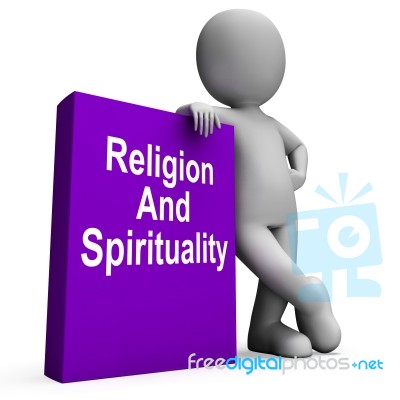 Religion And Spirituality Book With Character Shows Religious Sp… Stock Image