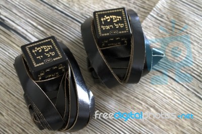 Religion Jewish Objects On Woody Background	 Stock Photo