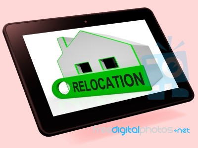 Relocation House Tablet Shows Move And Live Elsewhere Stock Image