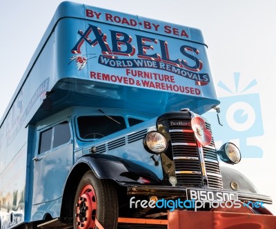 Removal Truck On A Trailer In Brighton Stock Photo