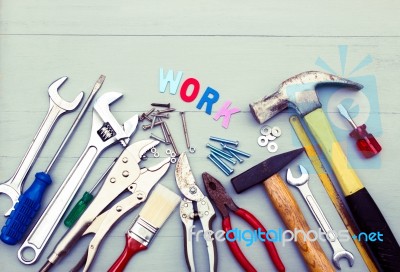 Repair Tools On Wooden Table Stock Photo