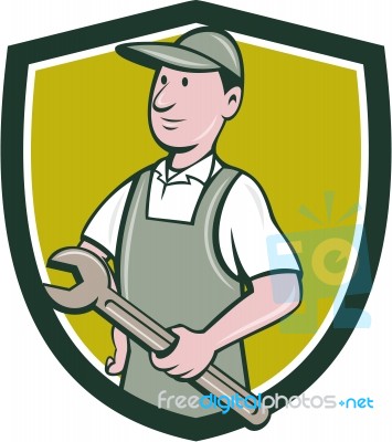 Repairman Holding Spanner Crest Cartoon Stock Image