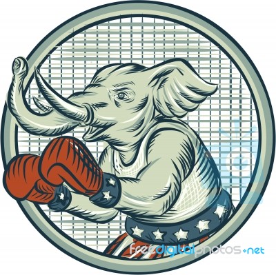 Republican Elephant Boxer Mascot Circle Etching Stock Image