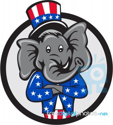 Republican Elephant Mascot Arms Crossed Circle Cartoon Stock Image