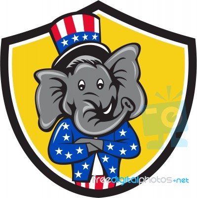 Republican Elephant Mascot Arms Crossed Shield Cartoon Stock Image