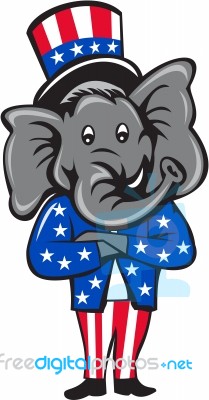 Republican Elephant Mascot Arms Crossed Standing Cartoon Stock Image