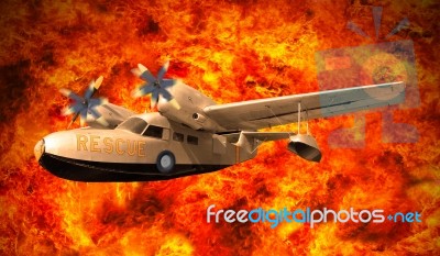 Rescue Plane Flying Over Fire Burning Stock Photo