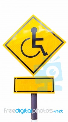 Reserved Parking For Handicapped Only Sign With Copy Space Beneath Isolated On White Background. Handicap Sign On Yellow   Background. Reserved Parking Sign Stock Photo