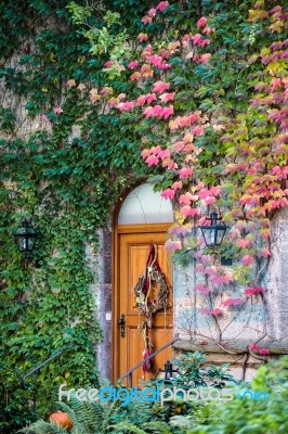 Restaurant Door In The Castle Gardens In Rothenburg Stock Photo