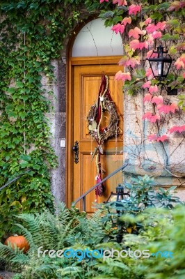 Restaurant Door In The Castle Gardens In Rothenburg Stock Photo