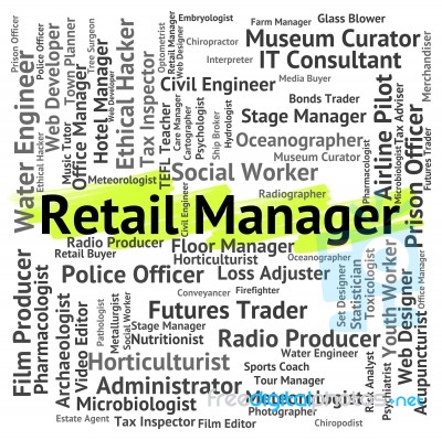 Retail Manager Indicating Director Selling And Words Stock Image