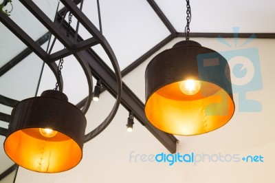 Retro Light Of Black Hanging Lamp Stock Photo