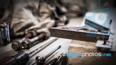 Retro Tools On Workbench Stock Photo