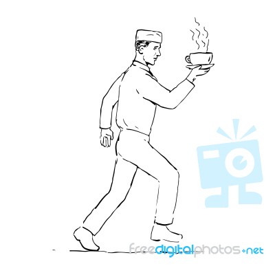 Retro Waiter Running Serving Coffee Drawing Stock Image