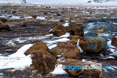 Reynisfjara Volcanic Beach In Winter Stock Photo