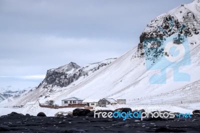 Reynisfjara Volcanic Beach In Winter Stock Photo