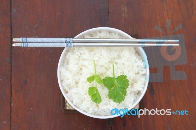 Rice In White Bowl With Chopstick Stock Photo