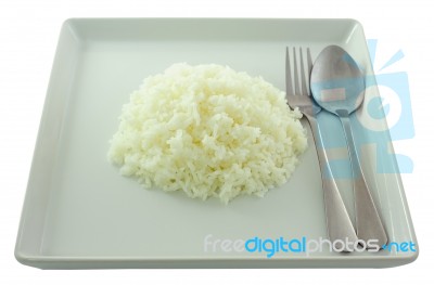 Rice In White Plate Stock Photo