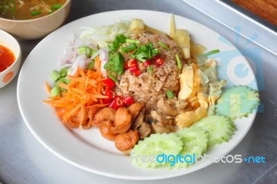 Mixed Cooked Rice With Shrimp Paste Thai Food Stock Photo