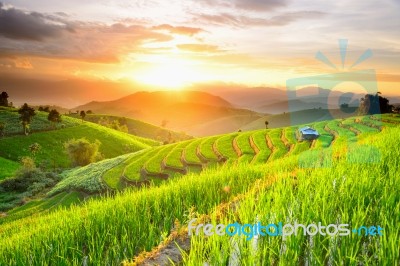 Rice Terraces With Sunset Backdrop At Ban Papongpieng Chiangmai Stock Photo