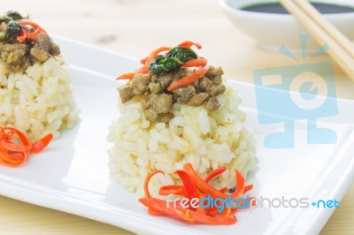 Rice Topped With Stir-fried Pork And Basil Close Up Stock Photo