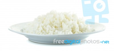 Rice With White Plated Isolated On The White Background Stock Photo