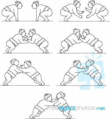 Rikishi Sumo Wrestlers Wrestling Mono Line Collection Set Stock Image