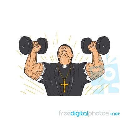 Ripped Priest Exercise Dumbbell Drawing Stock Image