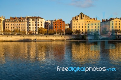 River Side Buildings In The Sun In Central Lyon Stock Photo