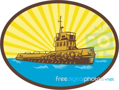 River Tugboat Oval Woodcut Stock Image