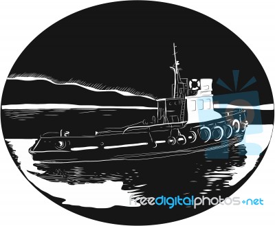 River Tugboat Oval Woodcut Stock Image