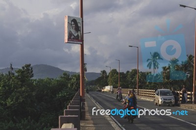 Road Bridge Into Green Land Full Of Palm Trees Stock Photo