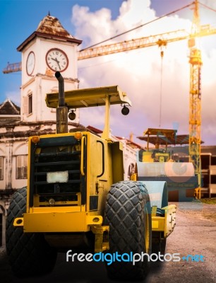 Road Roller At Construction Site Stock Photo