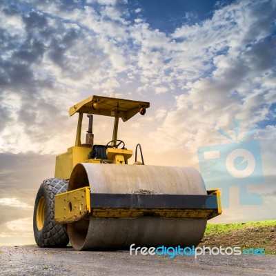 Road Roller At Road Construction Site Stock Photo