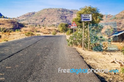 Road Signs By The Road To Gondar In Ethiopia Stock Photo