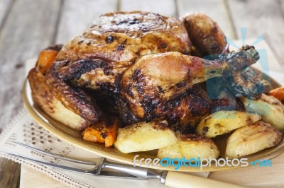 Roasted Chicken With Garnish Stock Photo