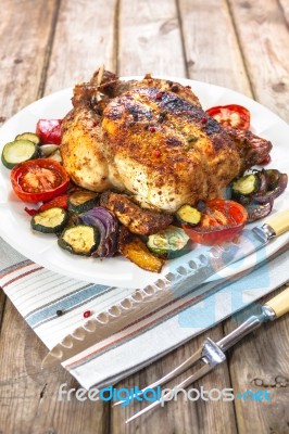 Roasted Chicken With Vegetables Stock Photo