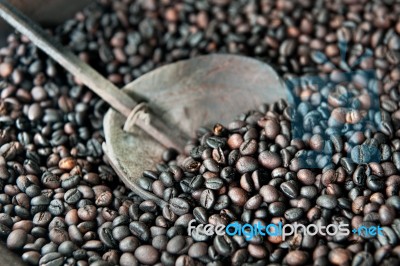 Roasted Coffee With Wood Ladle  Stock Photo