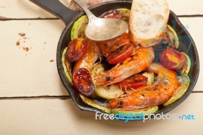 Roasted Shrimps With Zucchini And Tomatoes Stock Photo