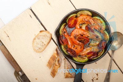 Roasted Shrimps With Zucchini And Tomatoes Stock Photo