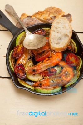 Roasted Shrimps With Zucchini And Tomatoes Stock Photo