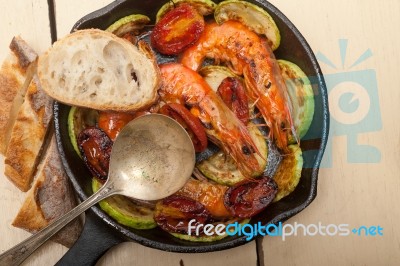 Roasted Shrimps With Zucchini And Tomatoes Stock Photo