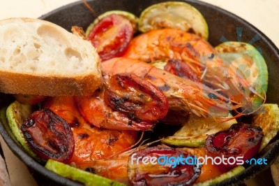 Roasted Shrimps With Zucchini And Tomatoes Stock Photo