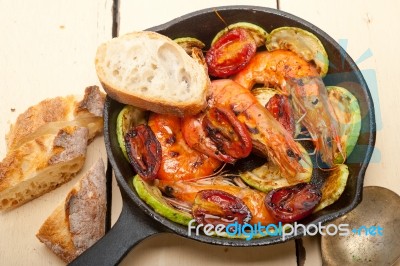 Roasted Shrimps With Zucchini And Tomatoes Stock Photo