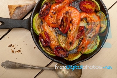 Roasted Shrimps With Zucchini And Tomatoes Stock Photo