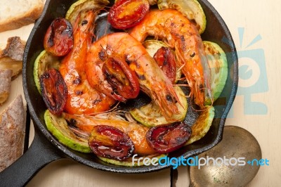 Roasted Shrimps With Zucchini And Tomatoes Stock Photo