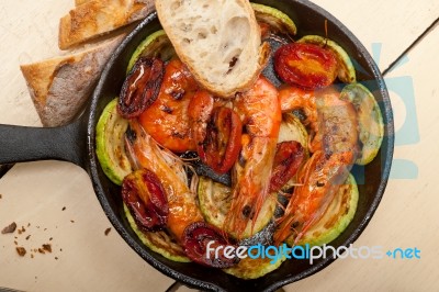 Roasted Shrimps With Zucchini And Tomatoes Stock Photo