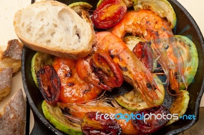 Roasted Shrimps With Zucchini And Tomatoes Stock Photo